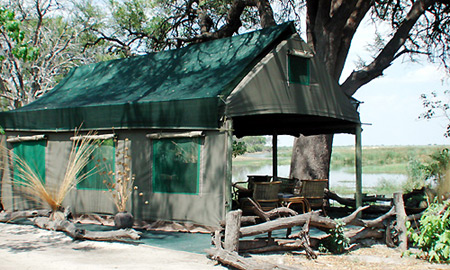 The main lounge tent overlooks the lagoon
