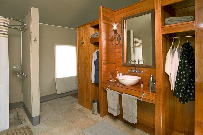 Guest tent vanity and shower area