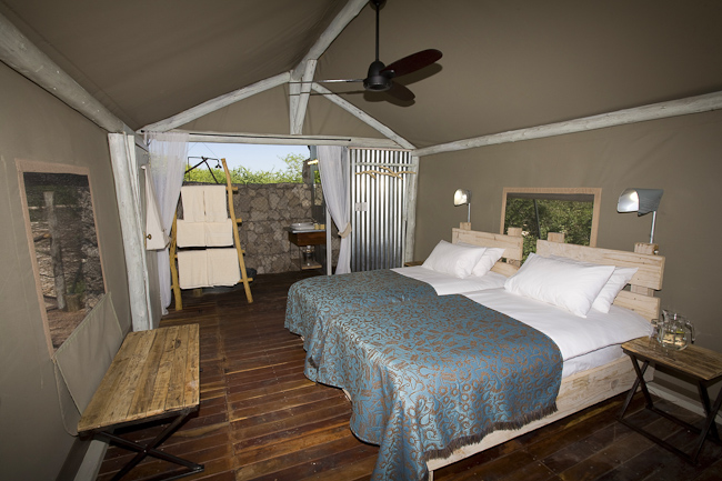 Guest tent interior and view to bathroom
