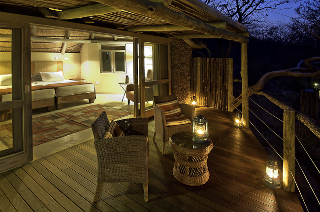 Guest chalet deck at night