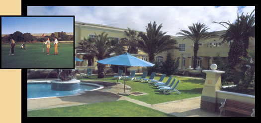 Swakopmund Hotel pool deck and nearby golfing (inset)