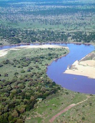 Aerial view of the Luangwa River and Tafika Camp