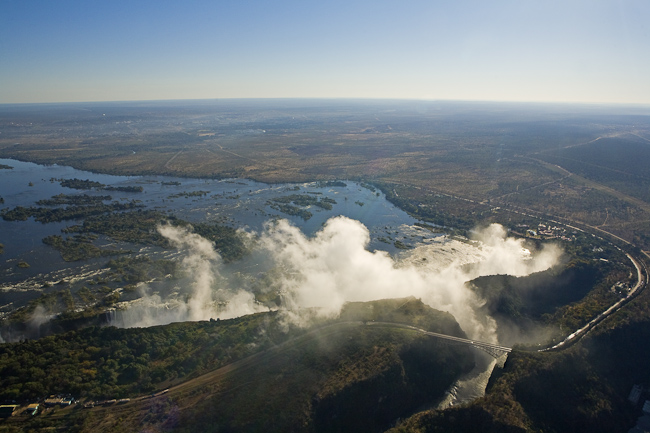 Aerial view of the Falls and spray rising