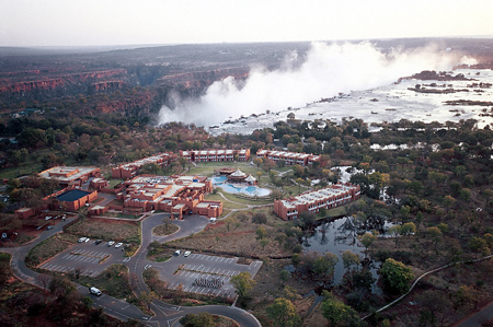 Aerial view of Zambezi Sun with the Victoria Falls in the background