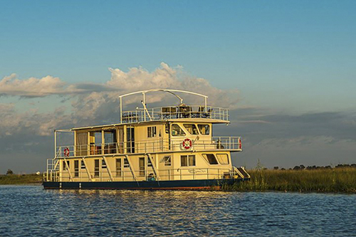 The Zambezi Voyager Luxury Houseboat on the Chobe River, Botswana.