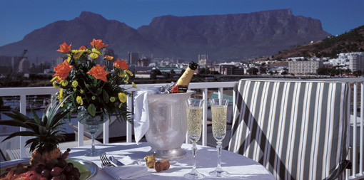 View of Table Mountain from the Commodore Hotel on the Victoria & Alfred Waterfront in Cape Town, South Africa