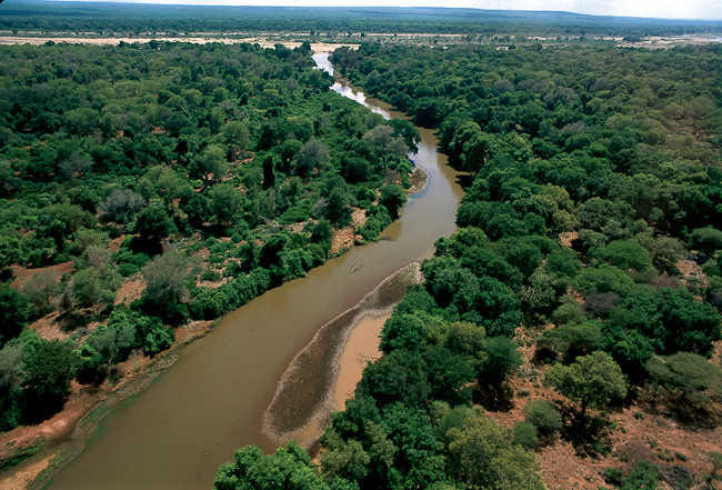Aerial view of Crook's Corner (meeting of Limpopo and Luvuvhu rivers)