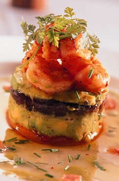 Tian of avo aubergine with basil, large prawns and sweet chi