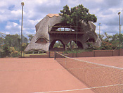 One of two tennis courts and the viewing pavilion