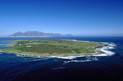 Aerial of Robben Island and Table Mountain, South Africa