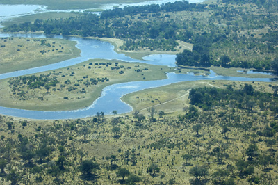 Zibadianja Lagoon (upper left corner) and water flowing down the Savuti Channel